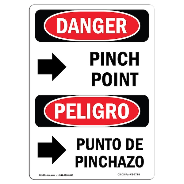 OSHA, Pinch Point Bilingual, 24in X 18in Rigid Plastic, 18" W, 24" L, Spanish, OS-DS-P-1824-VS-1718